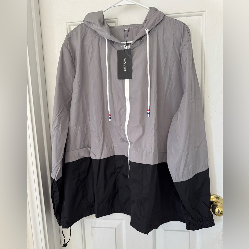Light Gray and Black Colorblock Windbreaker Jacket with Hood